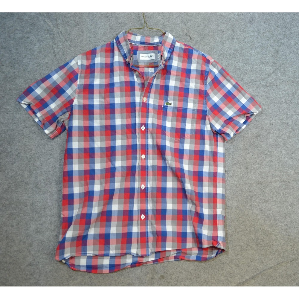 Lacoste Shirt Mens M Red Blue Check Button Up Short Sleeve Cotton Casual